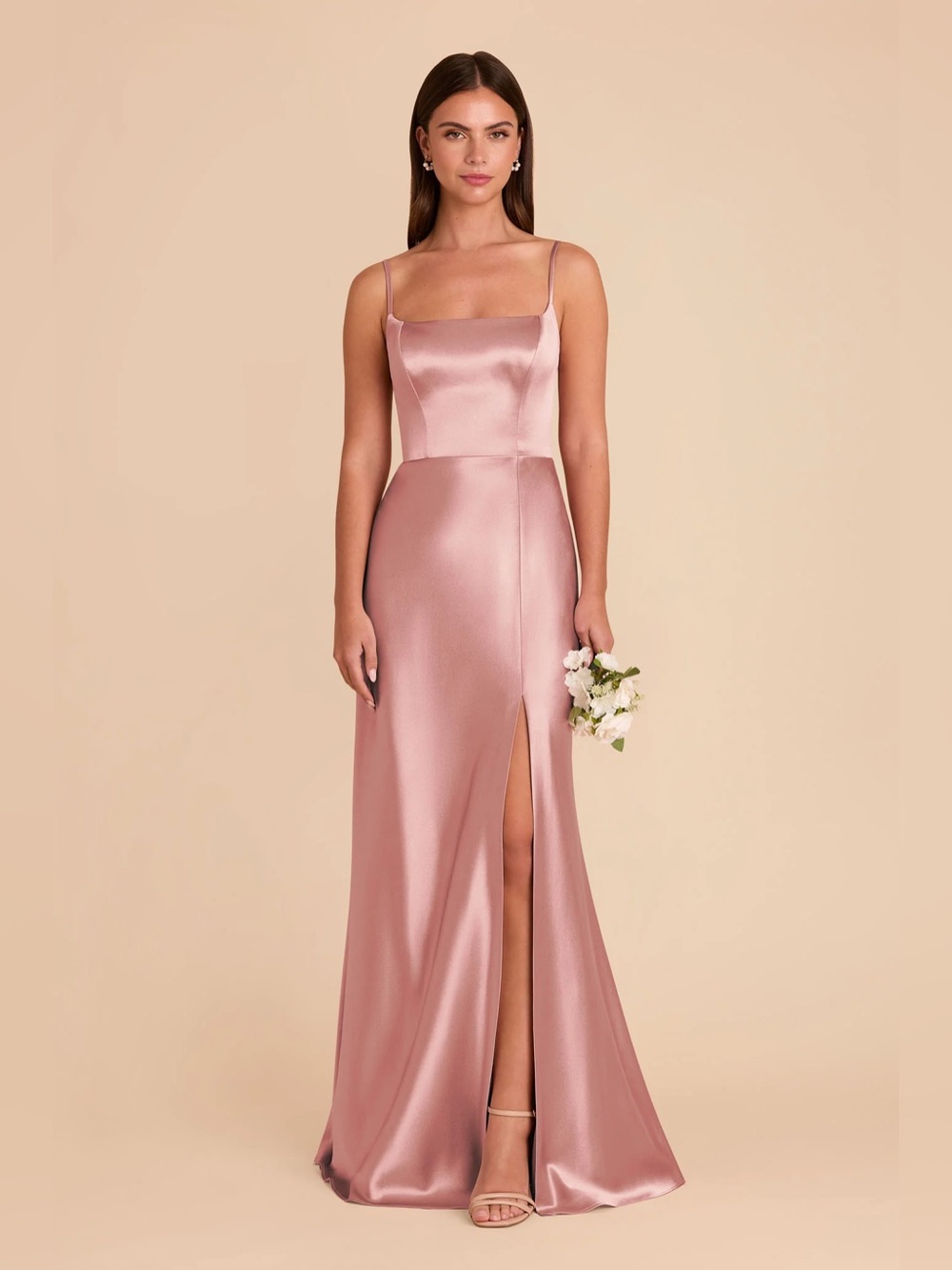 Mai Dress Shiny Satin Spaghetti-Strap Evening Gown in English Rose